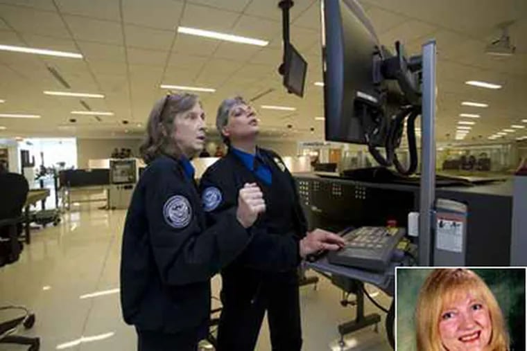 In this file photo, a Transportation Security Administration instructor conducts training at the Philadelphia airport. Nancy Anne Phillips, inset, says she was considered a troublemaker after complaining about how she was screened. (Ed Hille / Staff)