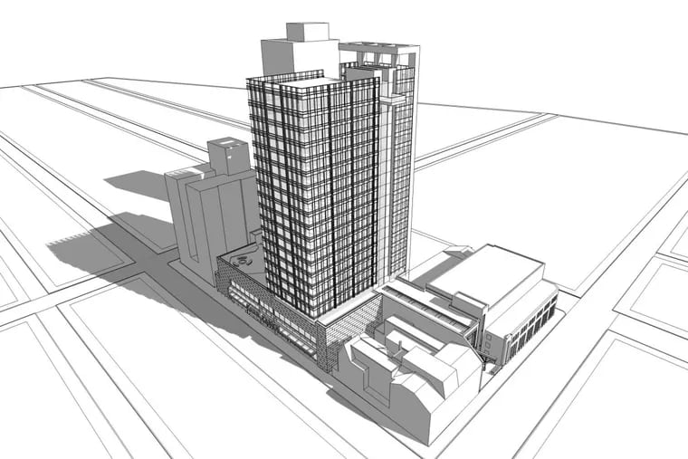 Diagram of the Harper apartment tower planned for the former site of the Boyd Theatre’s auditorium, as seen from the corner of 20th and Sansom Streets.
