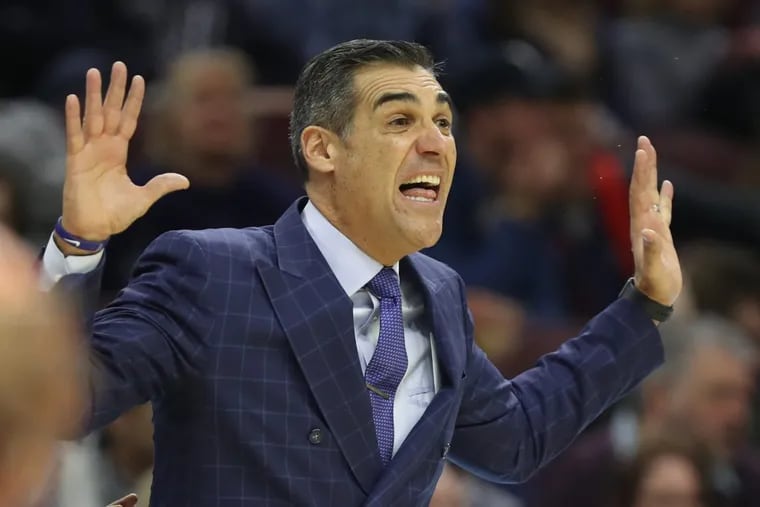 Head Coach Jay Wright of Villanova yells instructions to his team during their game against Marquette at the Wells Fargo Center on Jan 6, 2018.