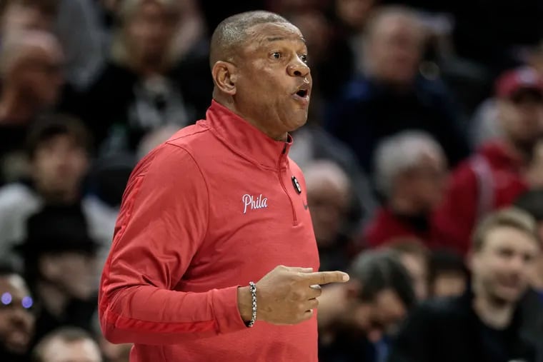 Sixers head coach Doc Rivers calls plays against the Heat during the 3rd quarter at the Wells Fargo Center in Philadelphia, Monday, February 27, 2023.