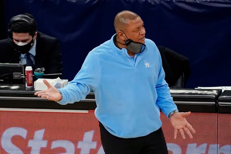 76ers head coach Doc Rivers questions a call during the first half.