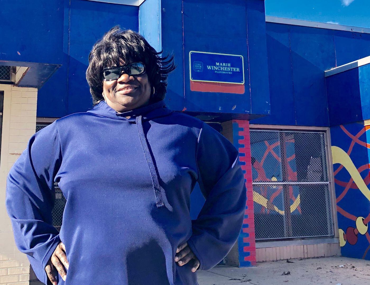 Daphne Goggins, Republican leader of the 16th Ward in North Philadelphia, stands in front of the Marie Winchester playground, where she has attended Narcotics Anonymous meetings for 13 years.