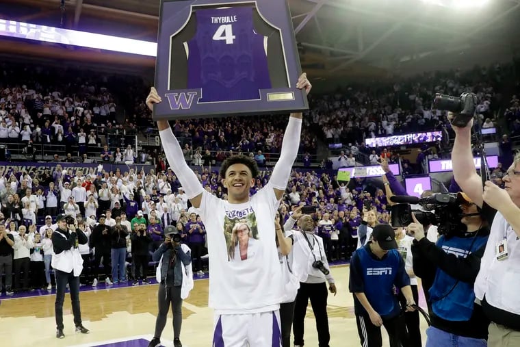 Matisse Thybulle wore a shirt with a photo of his mother, Elizabeth, printed on it when he was honored during Washington's senior night back on March 9.