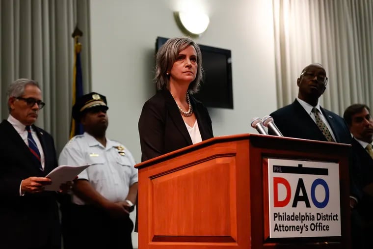 Jacqueline Maguire, special agent in charge of the FBI's Philadelphia office, listens to questions from the local media after announcing the arrest of a 17-year-old in connection with a terrorism probe at a news conference at the Philadelphia District Attorney’s Office in Center City on Monday.