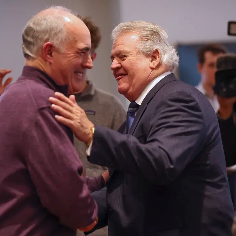 Sen. Bob Casey (D., Pa.) greets Bob Brady after his campaign rally at the Laborers Training Center in Philadelphia in January. Casey, the Democrat who has represented Pennsylvania in the U.S. Senate since 2007, will face Republican Dave McCormick in November as he seeks reelection.