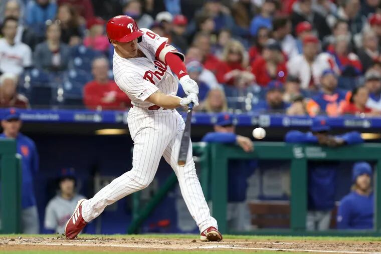 Scott Kingery of the Phillies hits a 3-run home run against Steven Matz of the Mets during the 1st inning at Citizens Bank Park on April 16, 2019.