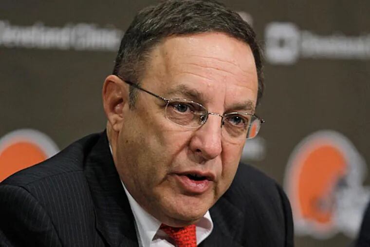 Cleveland Browns new CEO Joe Banner answers questions during a news conference Wednesday, Oct. 17, 2012, in Berea, Ohio. Banner spent 19 years with the Eagles, spending 12 seasons as president before leaving the club last season. (AP Photo/Tony Dejak)