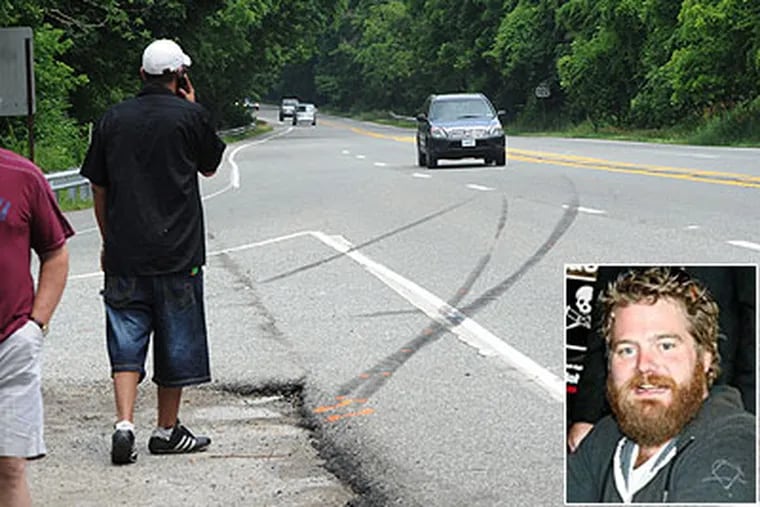 Skid marks at the crash scene where "Jackass" star Ryan Dunn and Zachary Hartwell were killed on the Route 322 Bypass in West Goshen
Township. (Sarah J. Glover / Staff Photographer)