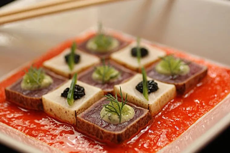 Good move: Checkerboard sashimi of tuna, escolar, piquillo-miso sauce. (MICHAEL BRYANT / Staff Photographer)