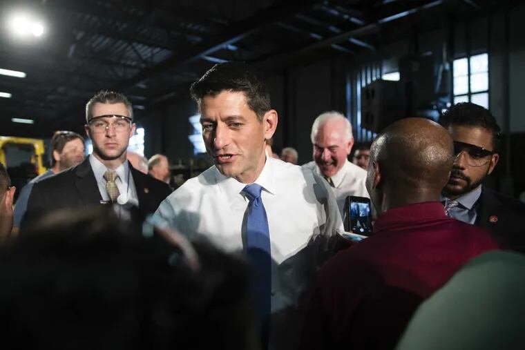 Speaker of the House Paul Ryan (R-Wis.) meets with workers at the Pennsylvania Machine Works, a family-owned pipe-fitting manufacturer, in Aston, Pa., Thursday, Sept. 28, 2017.
