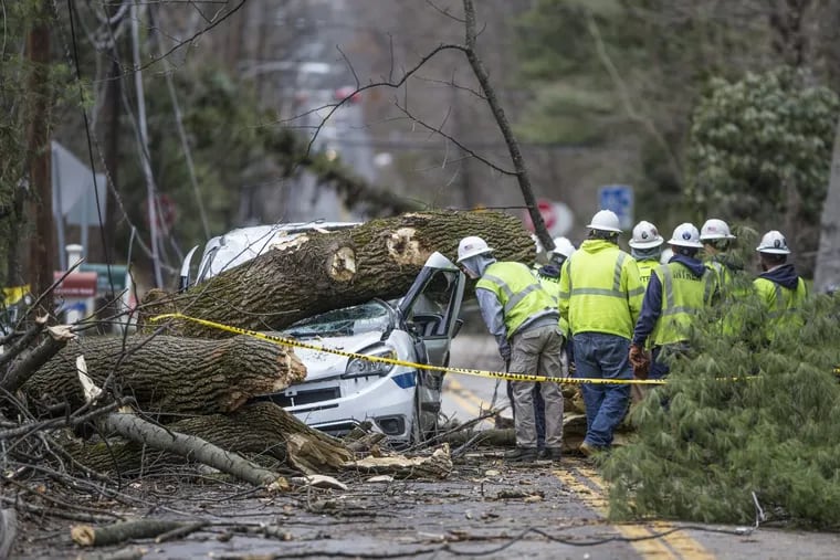 Electrical workers from INTREN, a Chicago-based electric company, survey the damage to a vehicle that was struck by a falling tree in Bryn Mawr.