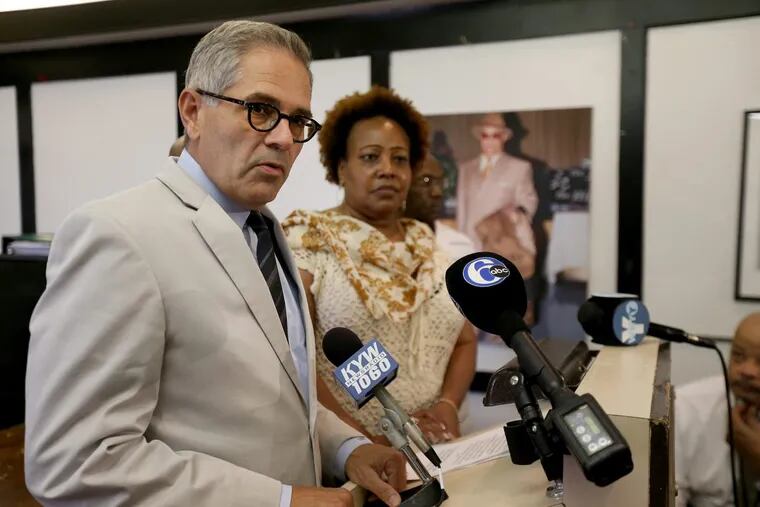 Democratic DA nominee Larry Krasner receives an endorsement from the Guardian Civic League and its president, Rochelle Bilal. DAVID MAIALETTI / Staff Photographer