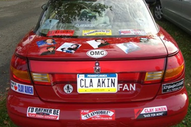 Diane &quot;Cookie&quot; Knappenberger of York County has turned her Saturn into a rolling shrine to Clay Aiken. It was hard to miss at the Mann Center during the singer&#0039;s concert Tuesday.