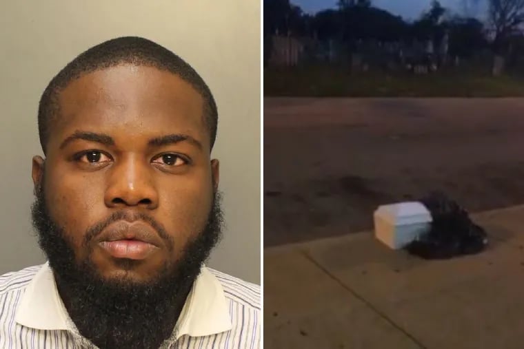 Jeremy Brooks, 24, (left) of North Philadelphia, has been charged with abuse of corpse after he allegedly dumped a child-sized casket (right), with human organs inside, on a North Philadelphia sidewalk on July 3, 2017.