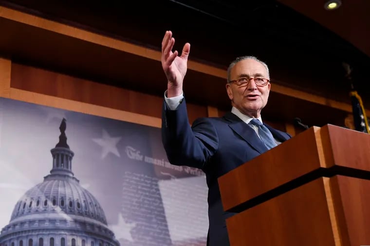 Senate Minority Leader Sen. Chuck Schumer of N.Y., speaks during a news conference on Capitol Hill in Washington, Wednesday, Feb. 5, 2020, following a vote in the Senate to acquit President Donald Trump on both articles of impeachment.