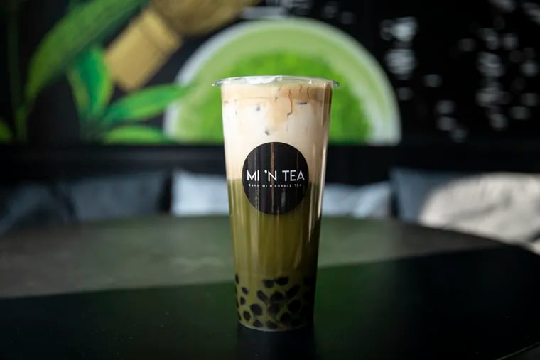 The Calm Down, Perk Up drink made with matcha, cream espresso, and coffee foam at Mi ’N Tea in Manayunk.