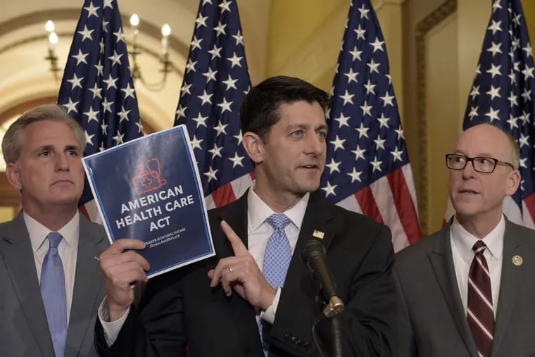 House Speaker Paul Ryan (center), with Energy and Commerce Committee Chairman Greg Walden (right), and House Majority Whip Kevin McCarthy, speaks during a news conference on the American Health Care Act on Capitol Hill on March 7.