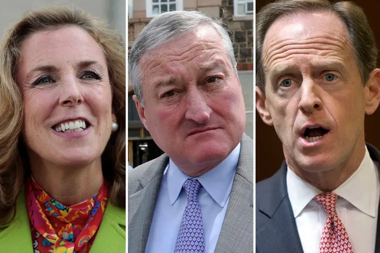 After picking a fight with Philadelphia mayor Jim Kenney (center) over the city's "sanctuary city" policy, Sen. Pat Toomey (right) is now fighting with Democratic challenger Katie McGinty (left), who says Toomey is risking Philadelphia dollars.