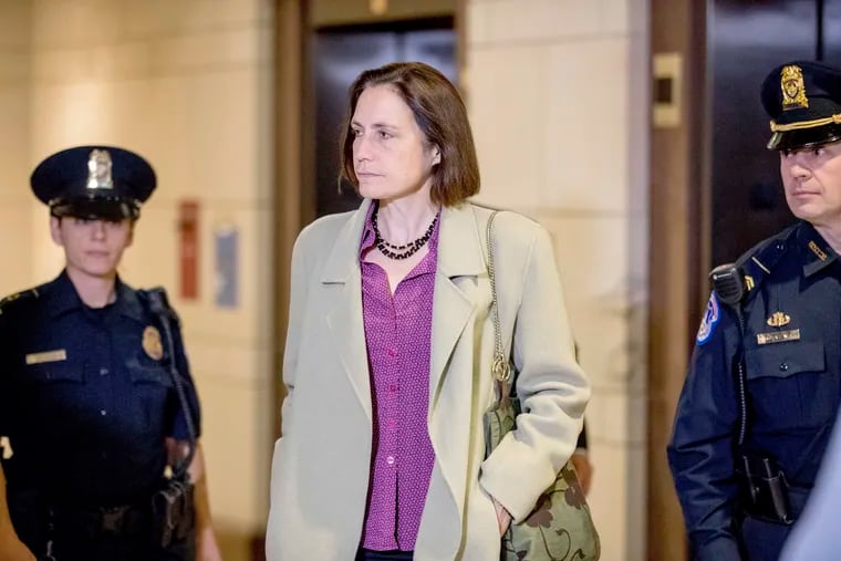 In this Nov. 4, 2019, file photo former White House adviser on Russia, Fiona Hill arrives for a closed door meeting as part of the House impeachment inquiry into President Donald Trump on Capitol Hill in Washington.