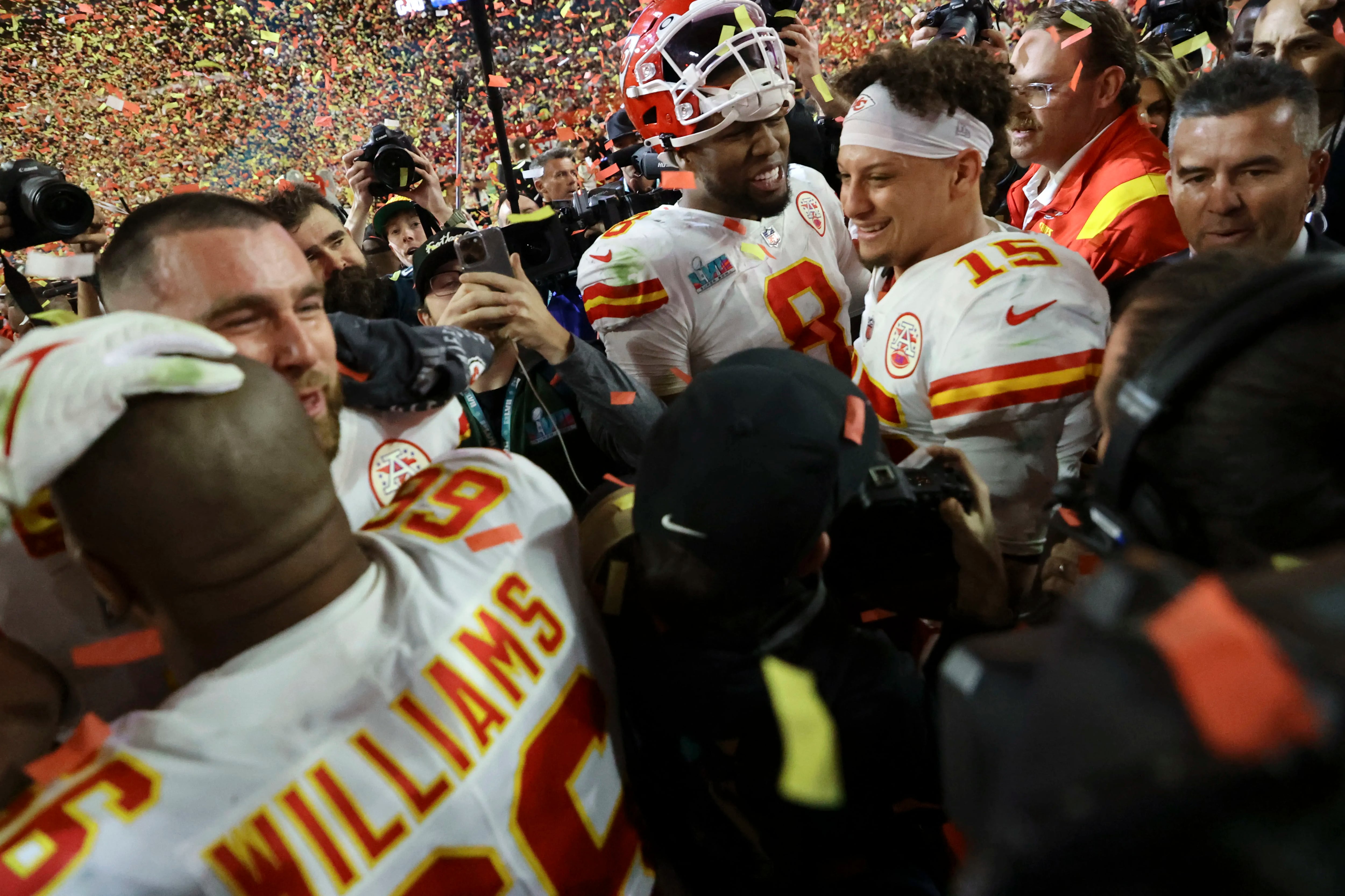 Kansas City Chiefs quarterback Patrick Mahomes celebrates after Kansas City Chiefs won Super Bowl LVII.