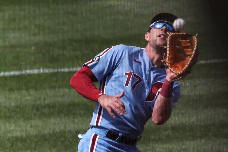 Philadelphia Phillies first baseman Rhys Hoskins (17) catches a foul pop to end the game against the Milwaukee Brewers at Citizens Bank Park on Thursday, May 6, 2021. The Phillies won, 2-0.