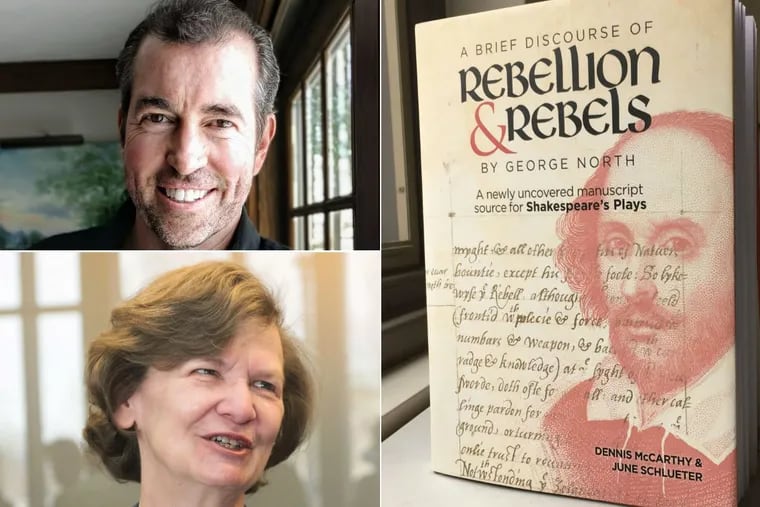 Independent scholar Dennis McCarthy (top left) and Lafayette College professor emerita June Schlueter are coauthors of a new book in which they argue that Shakespeare relied on a previously unknown manuscript for passages in at least 11 of his plays.