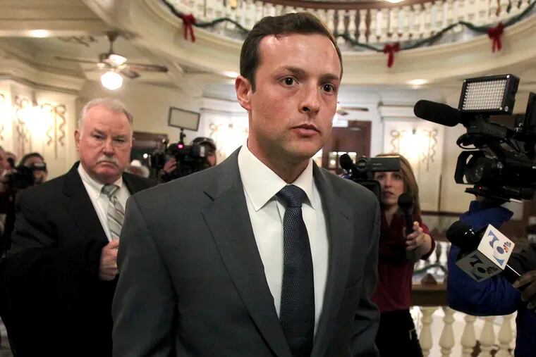 Former Baylor University fraternity president Jacob Anderson walks out of the courtroom Monday Dec. 10, 2018. Mr. Anderson, accused of rape, will serve no jail time after a Waco district judge accepted a plea bargain for deferred probation. (Jerry Larson/Waco Tribune Herald via AP)