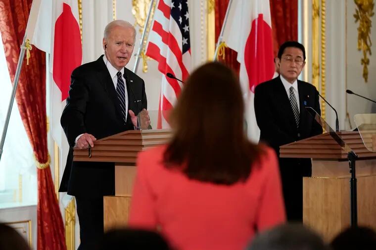 President Joe Biden (left) speaks during a news conference with Japanese Prime Minister Fumio Kishida at Akasaka Palace in Tokyo on Monday.