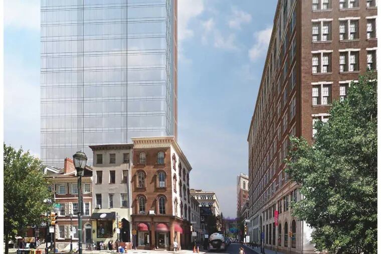 An artist's rendering of Toll Bros.'s planned tower, which would face both Jewelers Row and Washington Square. The glass side faces Washington Square.