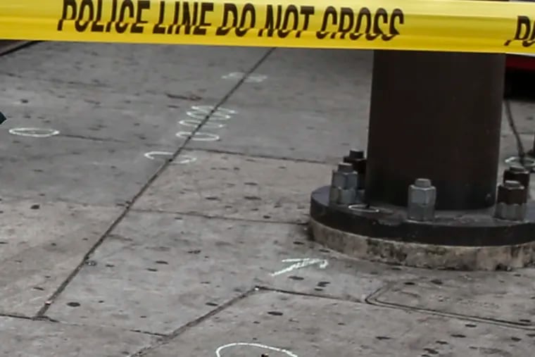 File photo of a shooting scene in Philadelphia, where gun violence is on record pace this year. Philadelphia police are investigating the shooting Friday night of two teenagers near West Philadelphia High School, where a football game against Central High School was being played. As many as 20 shots were reported.
