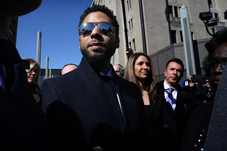 FILE - Actor Jussie Smollett leaves the Leighton Criminal Court building after all charges were dropped in his disorderly conduct case on March 26, 2019. (Antonio Perez / Chicago Tribune / TNS)