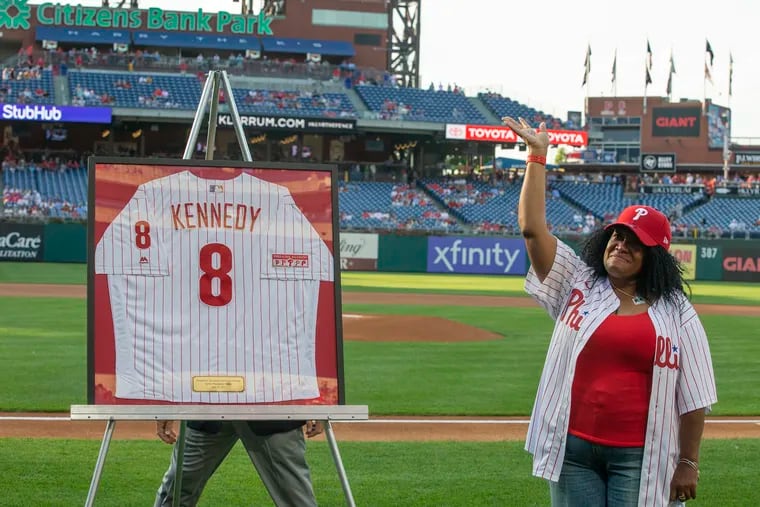 Sixty-five years after his debut, John Irvin Kennedy was honored by the Phillies for being their first African American player. Tazena Kennedy, John's daughter, waved to the crowd as his jersey was unveiled.