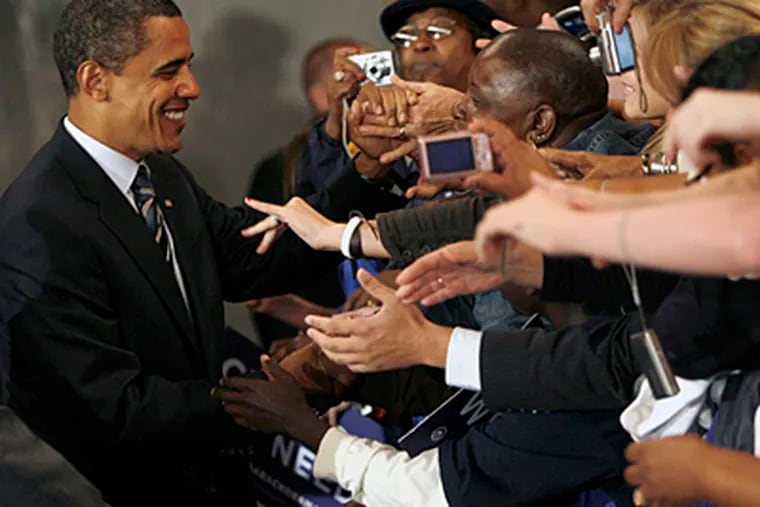 Democratic presidential candidate Sen. Barack Obama, D-Ill., greets supporters Friday afternoon, Oct. 17, 2008 at the Roanoke Civic Center in Roanoke, Va. (AP Photo/The Roanoke Times, Sam Dean)