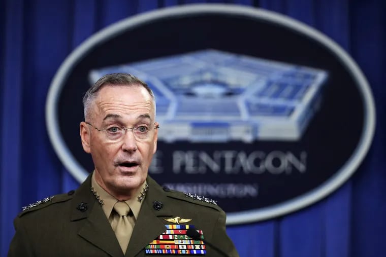 Joint Chiefs Chairman Gen. Joseph Dunford speaks to reporters about the Niger operation during a briefing at the Pentagon Monday, Oct. 23, 2017.