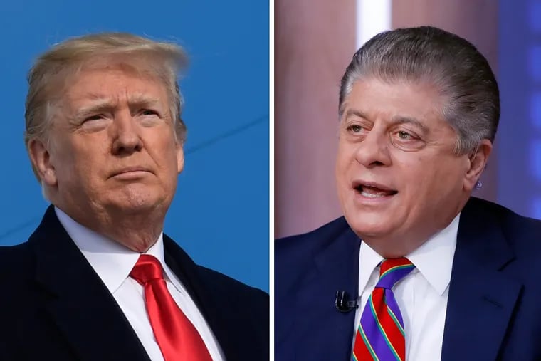 Fox News legal analyst Andrew Napolitano (right), a former federal judge, has said Michael Cohen's three-year prison sentence threatens the presidency of Donald Trump.