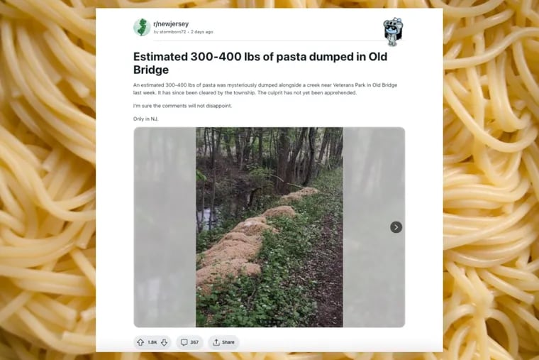 Hundreds of pounds of pasta were dumped in the woods in New Jersey's Old Bridge. A lot of the details remain un-aldente-fied. Still, it went viral on social media this week.