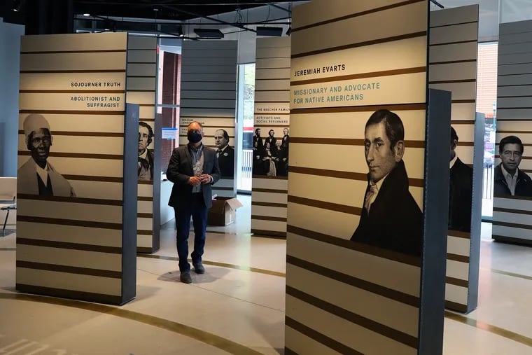 Executive director Patrick Murdock talks about an exhibit during a preview tour of the new Faith and Liberty Discovery Center next to Independence Mall in Philadelphia on Thursday, April 22, 2021. The museum will open May 1.