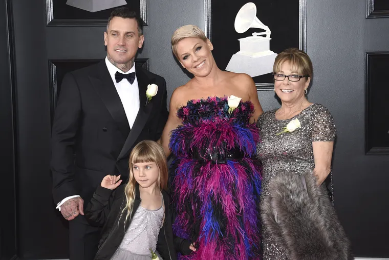 (From left) Carey Hart, Willow Sage Hart, Pink, and Judith Moore arrive at the 60th annual Grammy Awards at Madison Square Garden on Sunday.