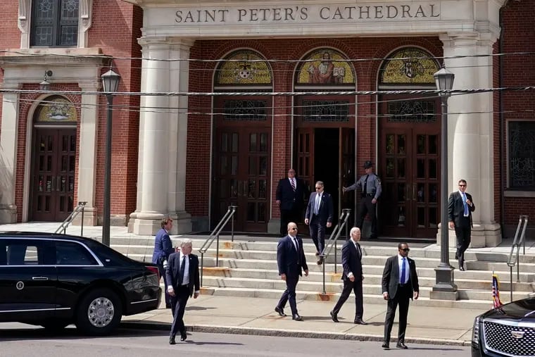 President Joe Biden departs after paying respects to former Pennsylvania first lady Ellen Casey at St. Peter's Cathedral, Thursday, Aug. 17, 2023, in Scranton, Pa.