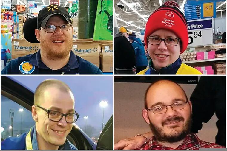This combination of images shows Walmart greeters, clockwise from top left, John Combs in Vancouver, Wash., Ashley Powell in Galena, Ill., Mitchell Hartzell in Hazel Green, Ala., and Adam Catlin in Selinsgrove, Pa. Combs, Powell, Hartzell and Catlin are among disabled Walmart greeters threatened with job loss as Walmart transforms the greeter position into one that’s more physically demanding.   After more than a week of backlash, Greg Foran, president and CEO of Walmart's U.S. stores, said in a memo to store managers Thursday, Feb. 28, 2019, that "we are taking some specific steps to support" greeters with disabilities. (Rachel Wasser/Tamara Ambrose/Gina Hopkins/Holly Catlin via AP)