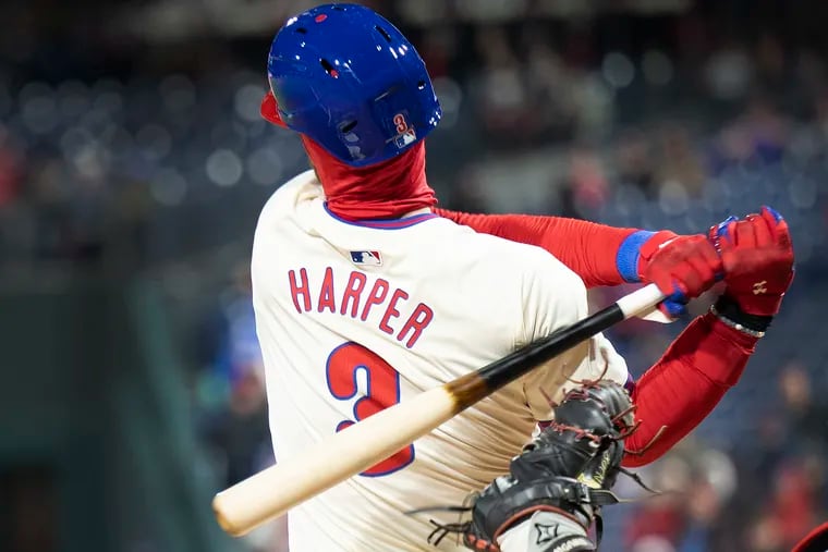 Phillies’ Bryce Harper  bats during the first inning against the Cincinnati Reds at Citizens Bank Park.