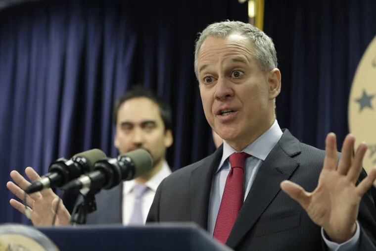 New York Attorney General Eric Schneiderman speaks during a news conference in New York.