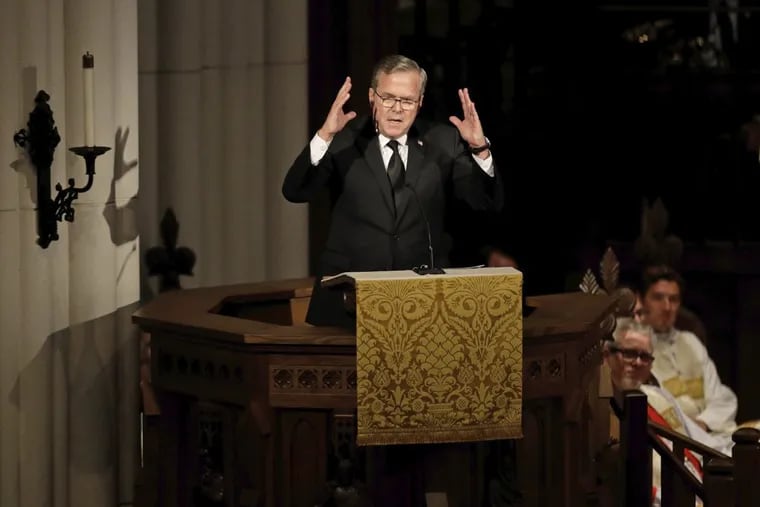 Former Florida Governor Jeb Bush speaks during a funeral service for his mother, former first lady Barbara Bush at St. Martin's Episcopal Church, Saturday, April 21, 2018, in Houston.