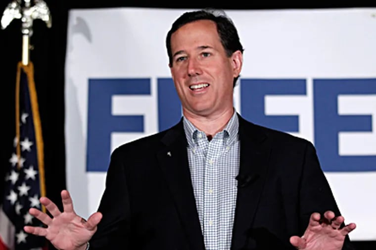 Rick Santorum in Shawano, Wis., on Monday. He'll campaign hard across Pa. for the April 24 primary. JAE C. HONG / Associated Press