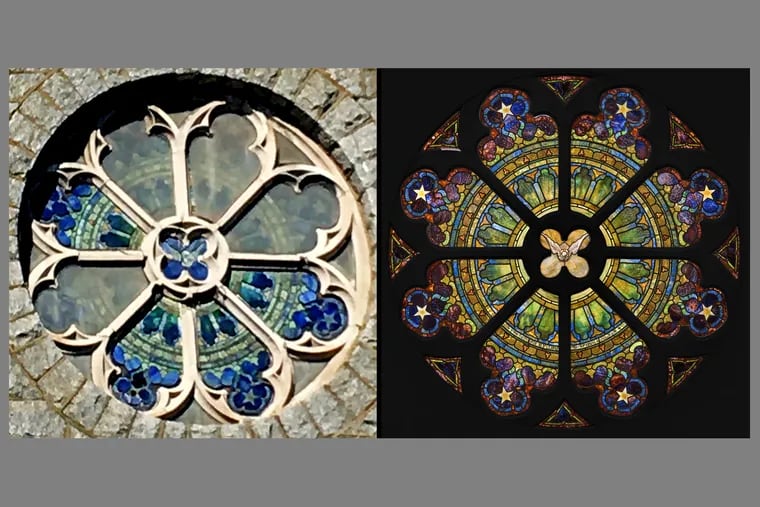 A 2019 photo, left, depicts one of two stained glass rose windows at the historic church at 50th and Baltimore. Plexiglass covered some of the window panes to protect them. The restored window, for sale by Freeman's auction house, is pictured on the right.