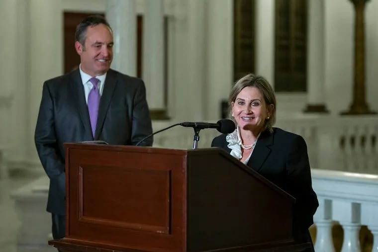 Sen. Kim Ward, a Republican, is the first woman to become majority leader in the General Assembly’s 338-year history, replacing Centre County’s Jake Corman (left).