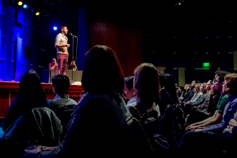 Glenn Rice, 28, of Fairmount tells his story at the Philadelphia Moth StorySLAM open-mic storytelling competition, onstage at World Cafe Live February 4, 2019.
