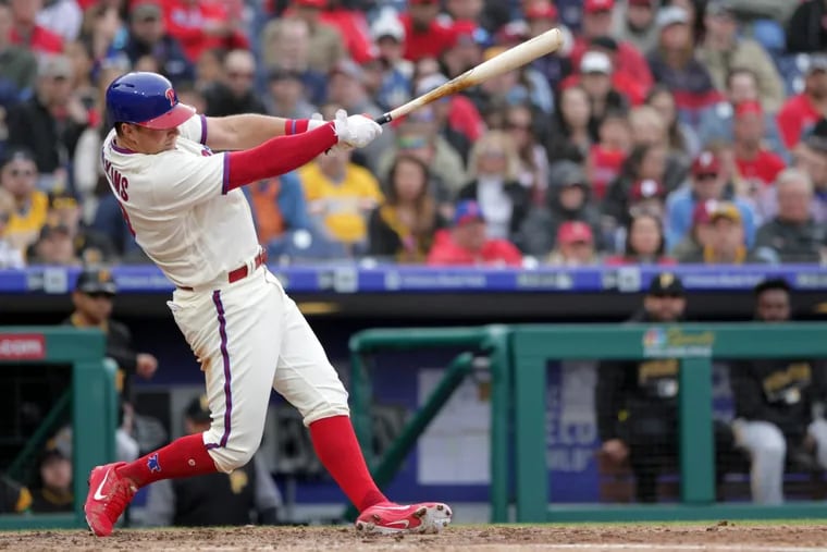 Rhys Hoskins of the Phillies hits a 3-tun home run against the Pirates on April 21, 2018.