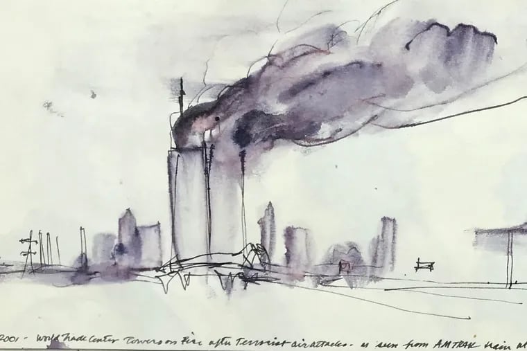 Acclaimed landscape designer Laurie D. Olin's sketches, drawn on an Amtrak train enroute to New York City from Philadelphia on Sept. 11, 2001.