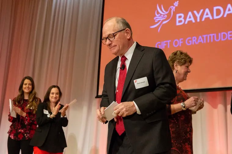 Mark Baiada, founder of the home healthcare agency Bayada, acknowledges the applause from his employees after he told them that he will give them $20 million at the Bellevue Hotel grand ballroom on Tuesday, Nov. 20, 2018. HEATHER KHALIFA / Staff Photographer